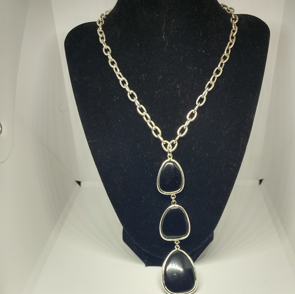 Etienne Aigner Silvertone and Black Teardrop Neckl